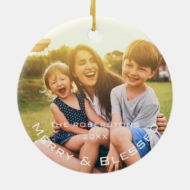 Family Photo Modern Christmas Ceramic Ornament (Back)