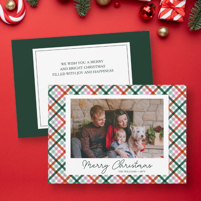 Family Photo Modern Christmas Holiday Card (Family Photo Card, modern gingham in pink, red and green. Personalized with family name.)