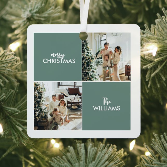 Family Photo modern collage simple Teal Christmas  Metal Ornament (Insitu)
