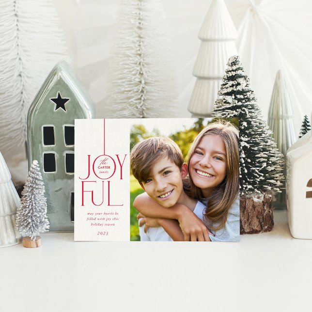 FAMILY PHOTO modern elegant lettering JOYFUL red  Holiday Card (Creator Uploaded)