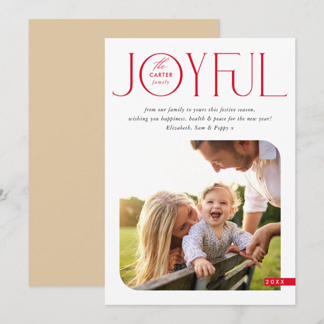 FAMILY PHOTO modern elegant typography JOYFUL red Holiday Card (Front/Back)