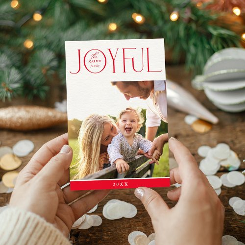 FAMILY PHOTO modern elegant typography JOYFUL red Holiday Card