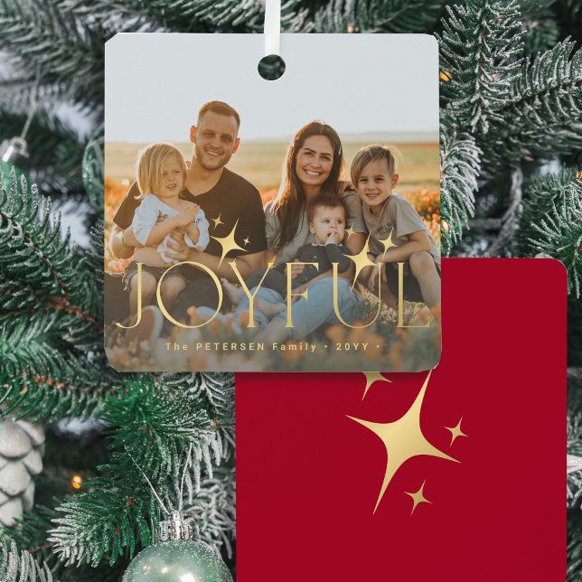 Family photo modern gold typography Christmas red Metal Ornament (Creator Uploaded)