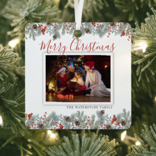 Family Photo Modern Merry Christmas Rustic Metal Ornament