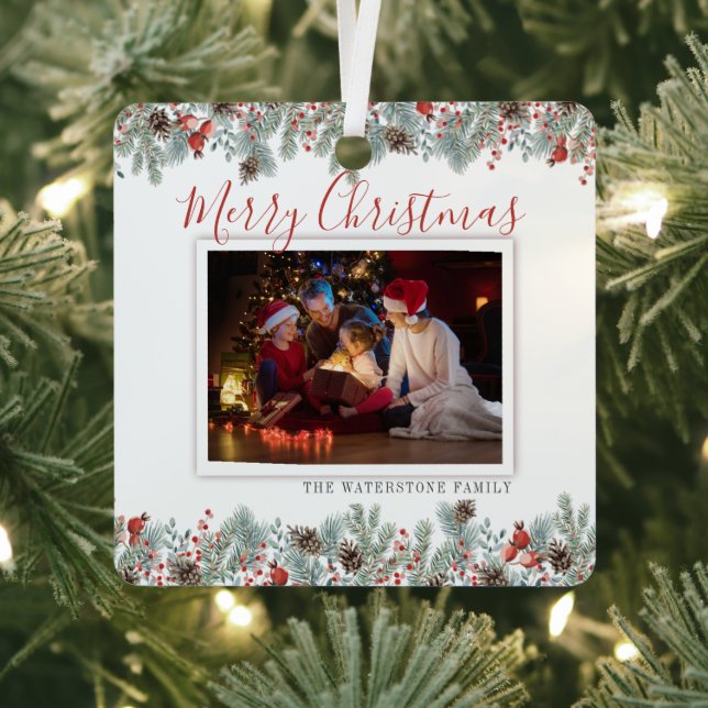 Family Photo Modern Merry Christmas Rustic Metal Ornament (Insitu)