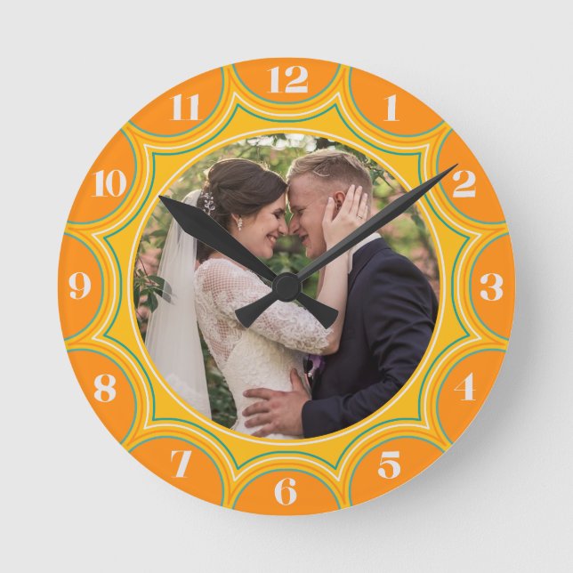 Family Photo Modern Orange Sunburst Personalized Round Clock (Front)