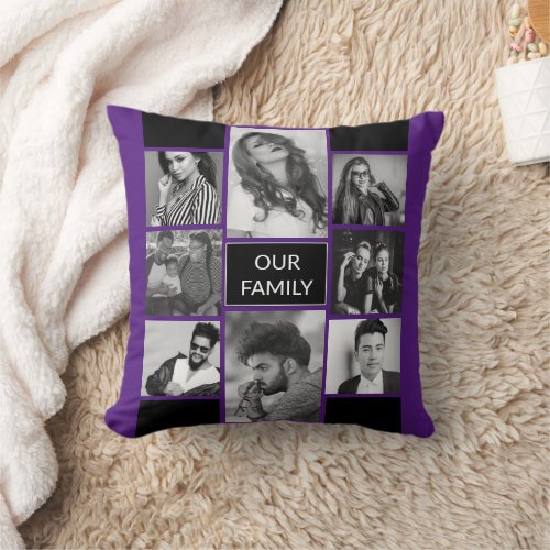 Family photo modern plain black 8 image purple throw pillow