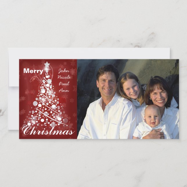 Family Photo Modern Red Christmas Tree Holiday Card (Front)