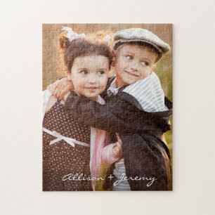Family Photo Modern Script Monogram Name 11x14 Jigsaw Puzzle