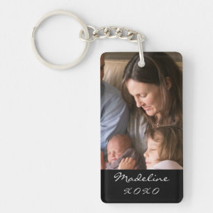 Family Photo Modern Script Monogram Name Black Keychain