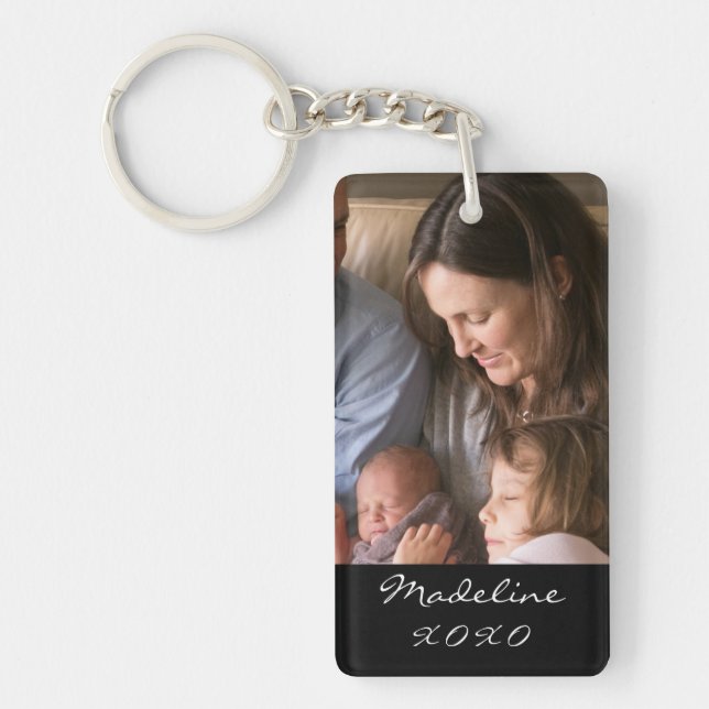 Family Photo Modern Script Monogram Name Black Keychain (Front)