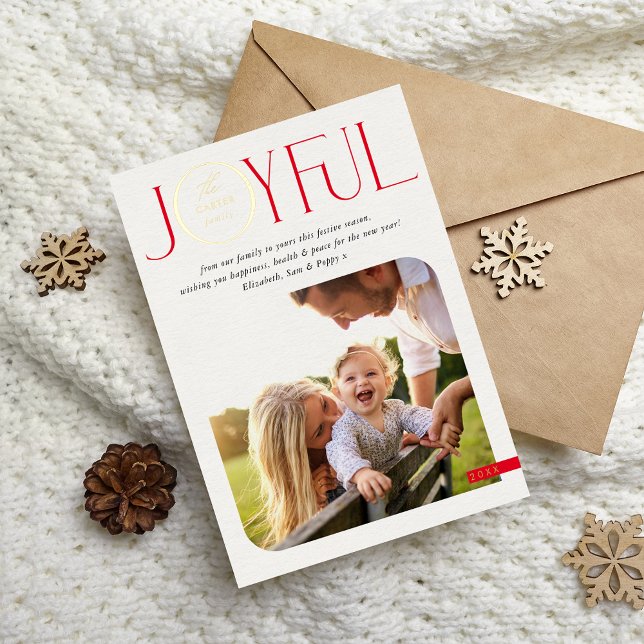 FAMILY PHOTO modern serif elegant JOYFUL red gold Foil Holiday Card (Creator Uploaded)