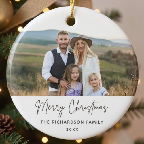 Family Photo Modern Simple Script Chiristmas  Ceramic Ornament