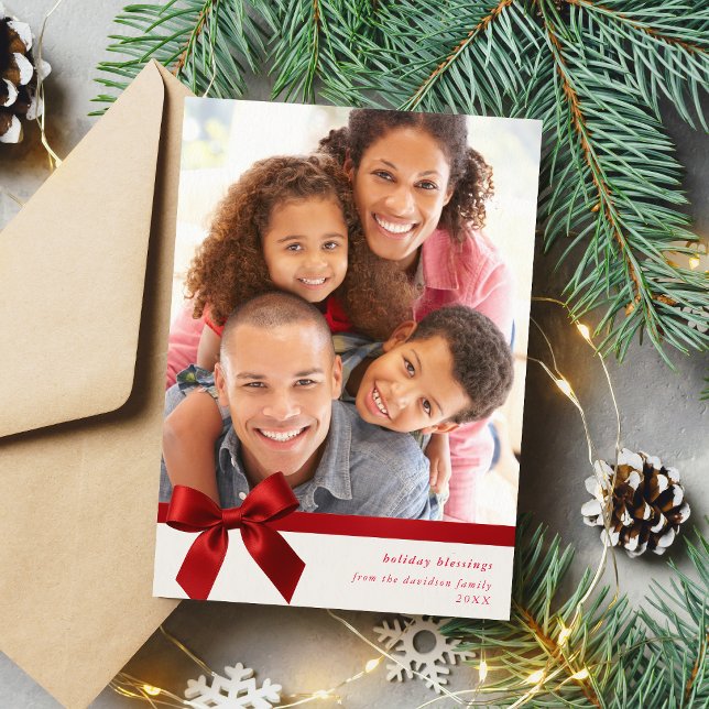 FAMILY PHOTO modern wrapped up red ribbon bow Holiday Card (Creator Uploaded)