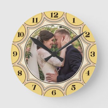 Family Photo Modern Yellow Sunburst Personalized Round Clock by PictureCollage at Zazzle