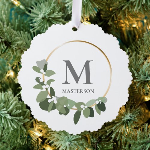 Family Photo Monogram Eucalyptus Wreath Holiday Ornament Card