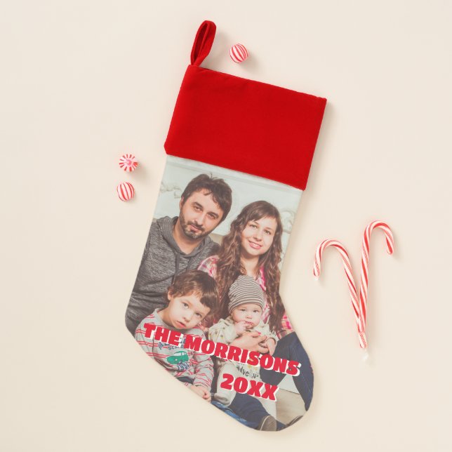 Family Photo / Name and Year Red Modern Christmas Stocking (Front)