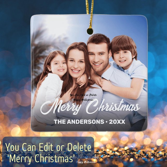 Family Photo Name Elegant Script Merry Christmas Ceramic Ornament (Creator Uploaded)