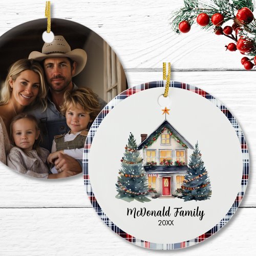 Family Photo Name Farmhouse Plaid Navy Christmas   Ceramic Ornament