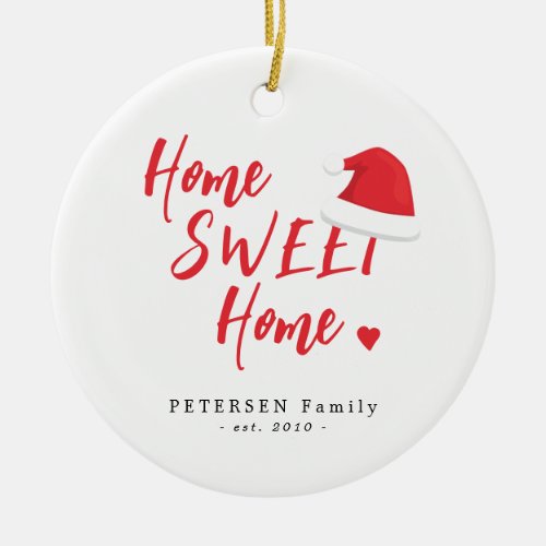 Family photo name home sweet home red Christmas Ceramic Ornament