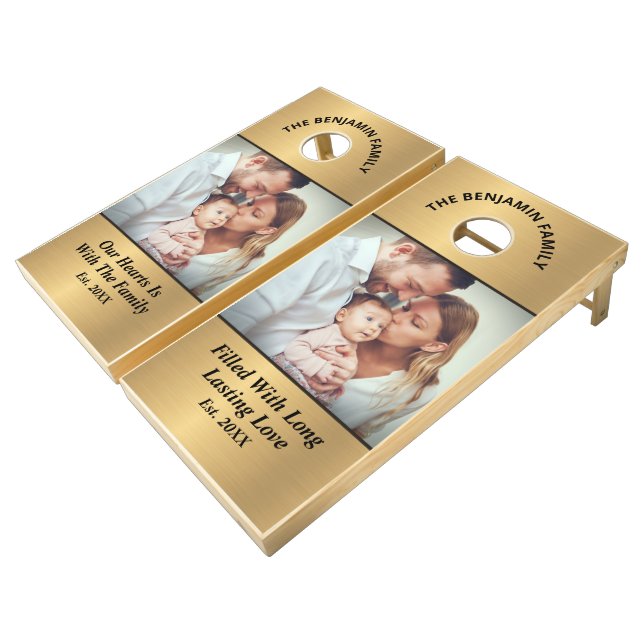 Family Photo Name Modern Elegant Custom Cornhole Set (Angled)