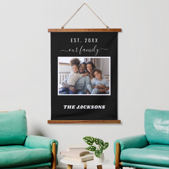 Family photo name script black white hanging tapestry (Living Room)