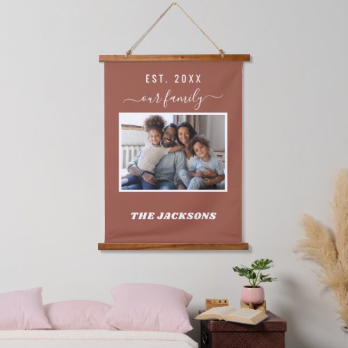 Family photo name script brown hanging tapestry