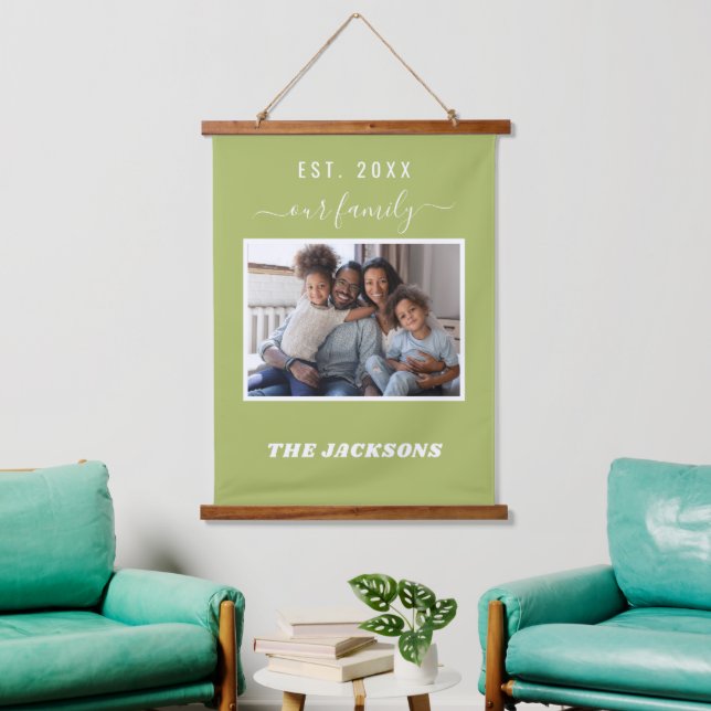 Family photo name script yellow green hanging tapestry (Living Room)