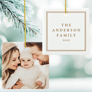 Family photo name year elegant border white ceramic ornament