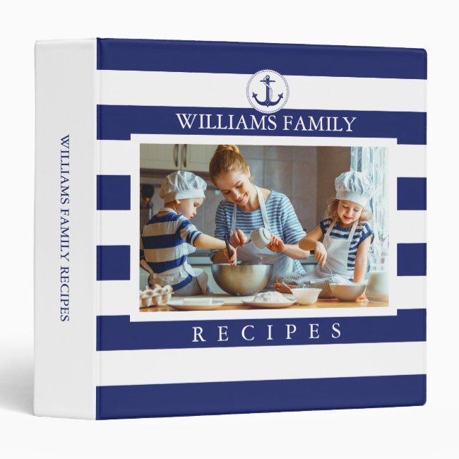 Family Photo Nautical Anchor Blue Stripes Recipe 3 Ring Binder