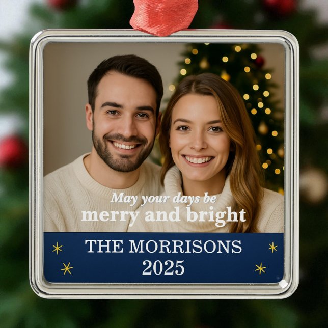 Family Photo Navy Blue and Gold Snowflake  Metal Ornament (Creator Uploaded)