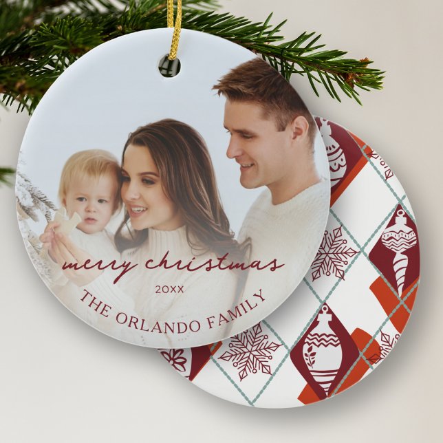 Family Photo New Parents Red Merry Christmas Ceramic Ornament (Creator Uploaded)