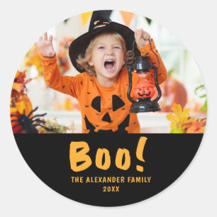 Family Photo Orange Pumpkins Black Halloween Boo Classic Round Sticker