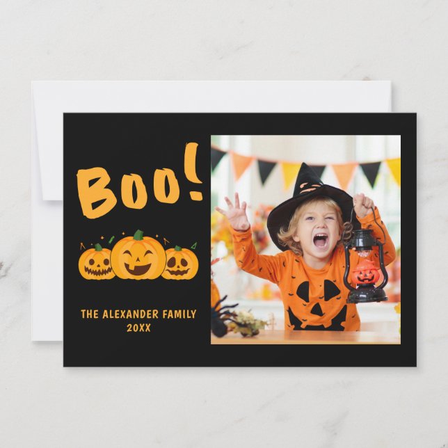 Family Photo Orange Pumpkins Black Halloween Boo Note Card (Front)