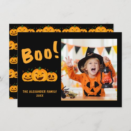 Family Photo Orange Pumpkins Black Halloween Boo Note Card