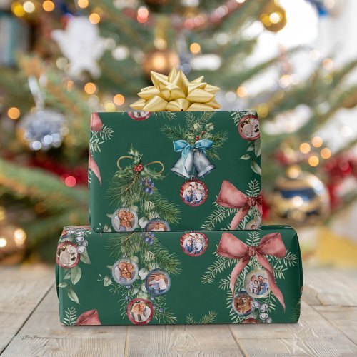 Family Photo Ornaments Christmas Green Wrapping Paper