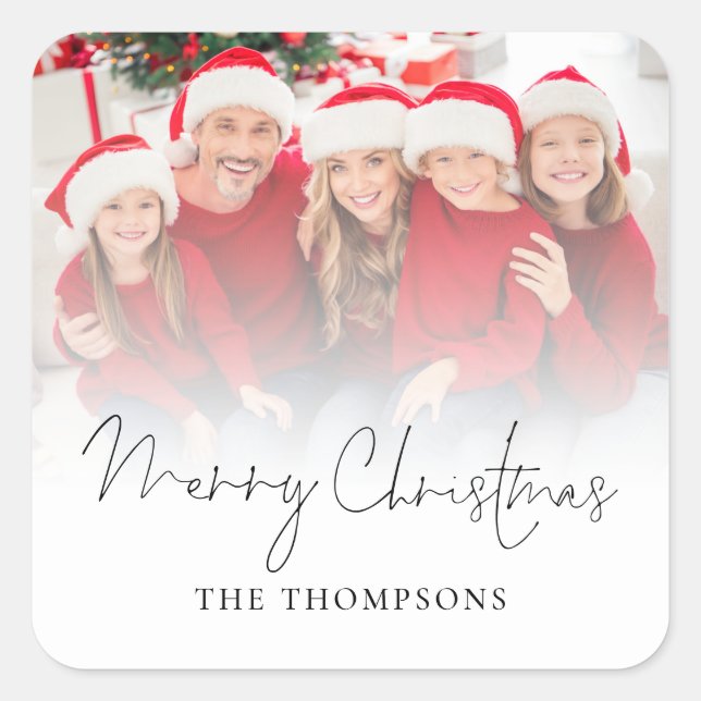 Family Photo Overlay Script Merry Christmas  Square Sticker (Front)