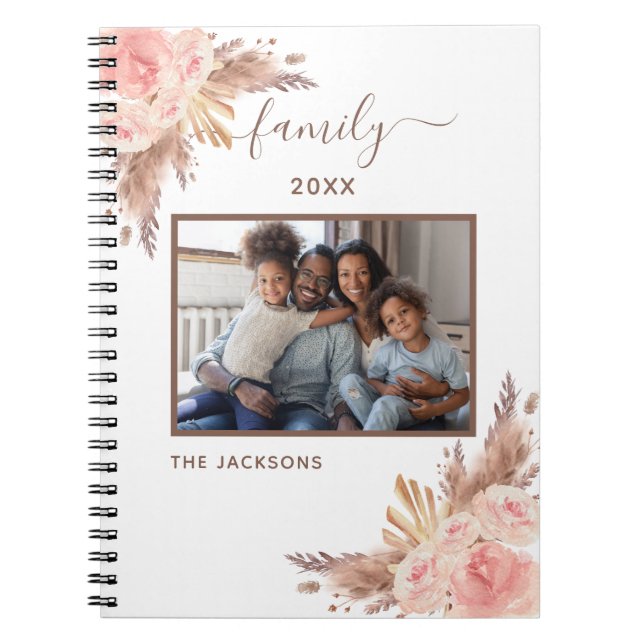 Family photo pampas grass pink floral white notebook (Front)