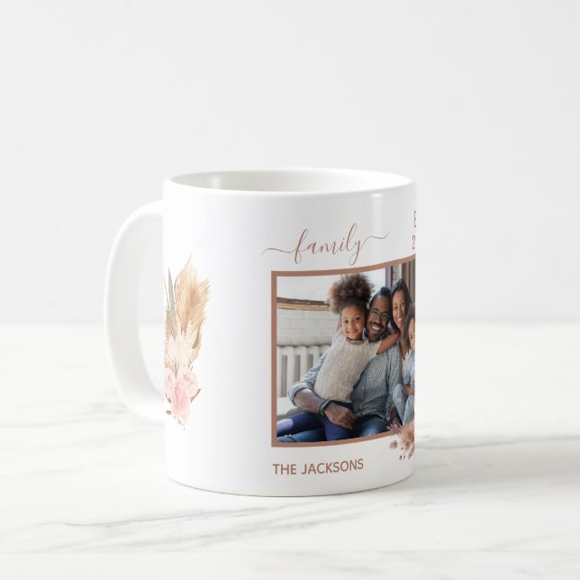 Family photo pampas grass pink florals name coffee mug (Front Left)