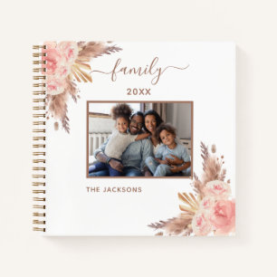 Family photo pampas grass pink florals name notebook
