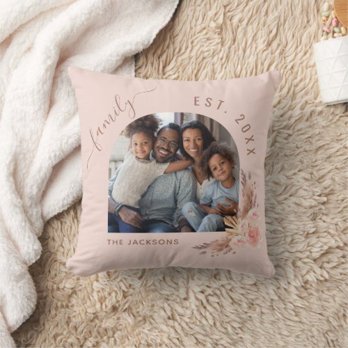 Family photo pampas grass rose gold pink floral throw pillow