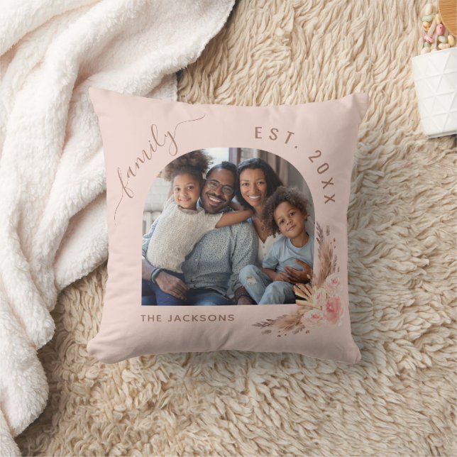 Family photo pampas grass rose gold pink floral throw pillow (Blanket)
