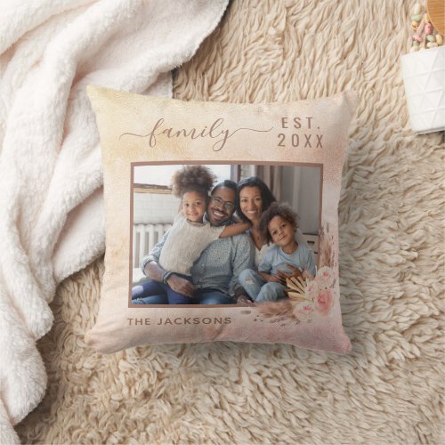 Family photo pampas grass rose gold pink florals throw pillow