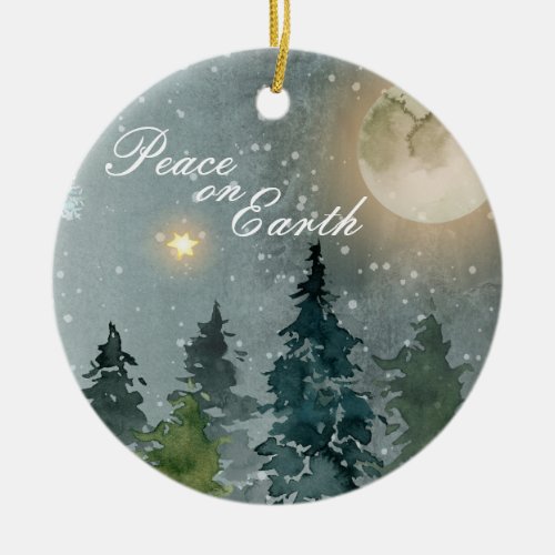 Family Photo Peace on Earth Watercolor Christmas Ceramic Ornament