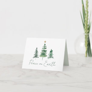 Family Photo Peace on Earth Watercolor Pine Trees Holiday Card