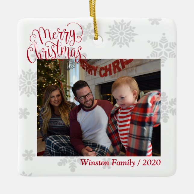 Family Photo Personalized Custom Text Xmas Ceramic Ornament (Front)
