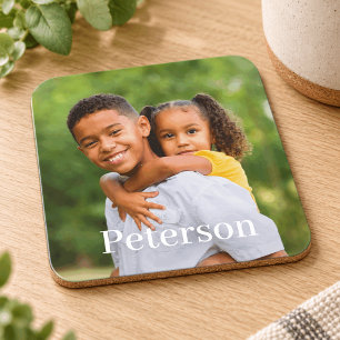 Family Photo Personalized Last Name Beverage Coaster