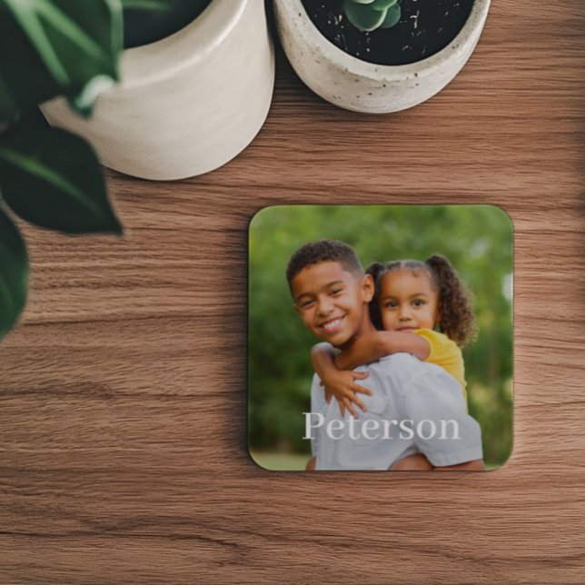 Family Photo Personalized Last Name Monogram Beverage Coaster (Creator Uploaded)