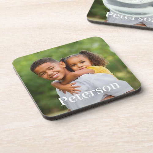 Family Photo Personalized Last Name Monogram Beverage Coaster