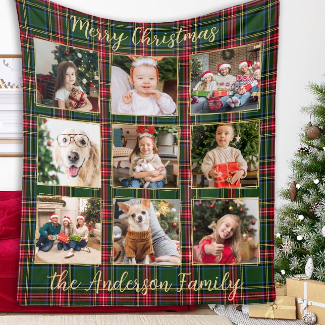 Family Photo Personalized Rustic Patchwork Plaid Fleece Blanket (Creator Uploaded)